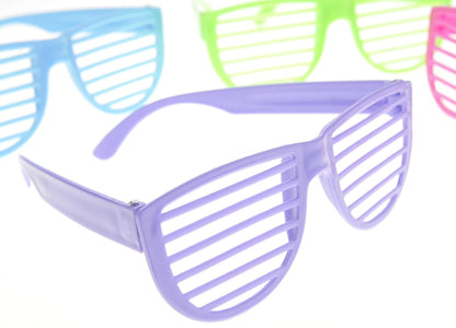 24 Pairs Plastic Shutter Shades Glasses – Purple, Blue, Green, and Pink Party Favors