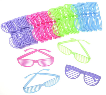 24 Pairs Plastic Shutter Shades Glasses – Purple, Blue, Green, and Pink Party Favors