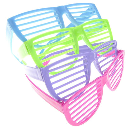 24 Pairs Plastic Shutter Shades Glasses – Purple, Blue, Green, and Pink Party Favors