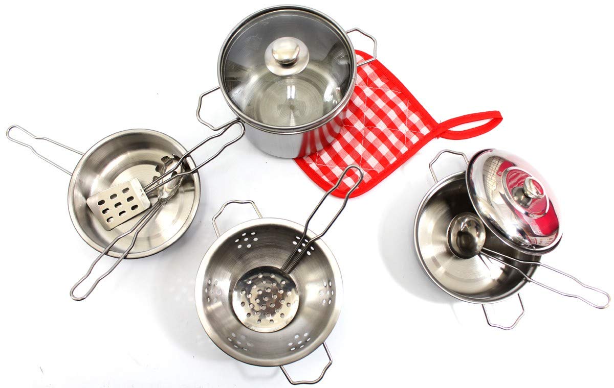 Metal Pots and Pans Kitchen Cookware Playset - Realistic Toy Kitchen Set