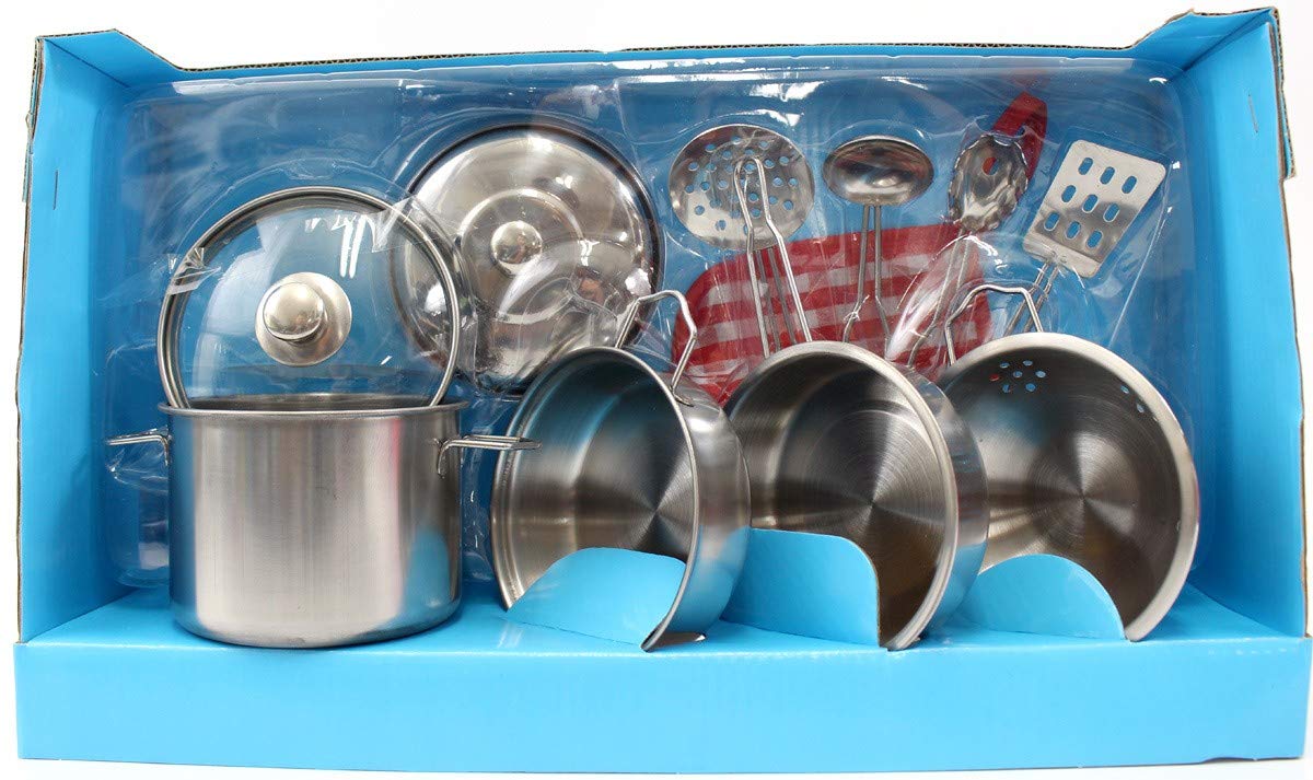 Metal Pots and Pans Kitchen Cookware Playset - Realistic Toy Kitchen Set