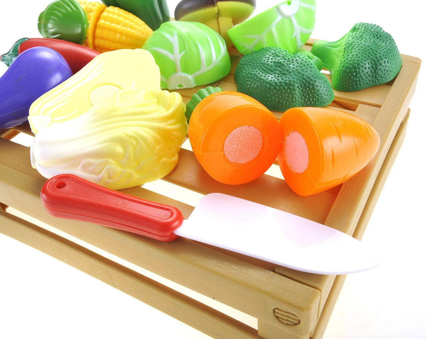 Kids Kitchen Cutting Vegetables Playset - Pretend Food Crate with Utensils