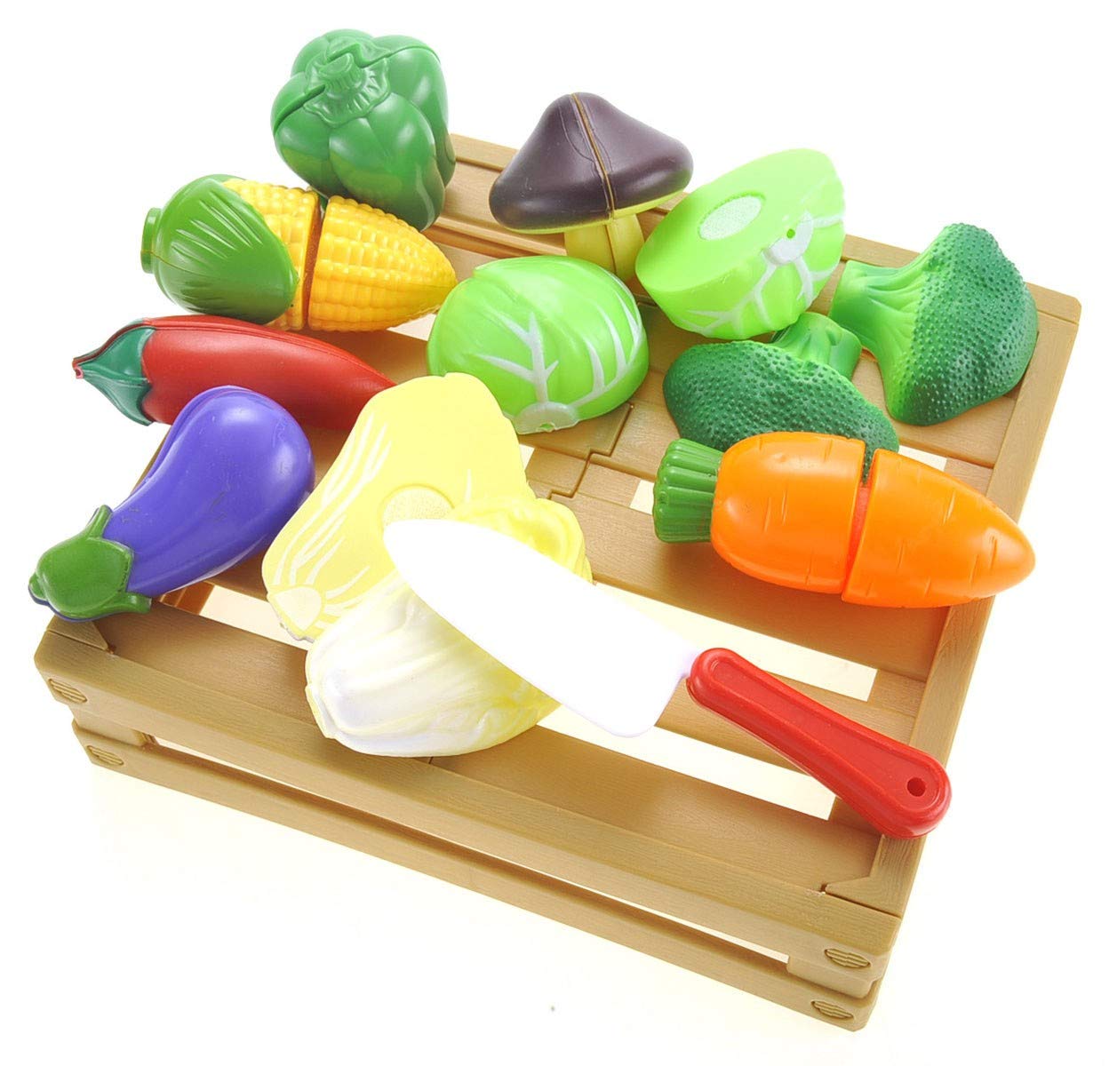 Kids Kitchen Cutting Vegetables Playset - Pretend Food Crate with Utensils