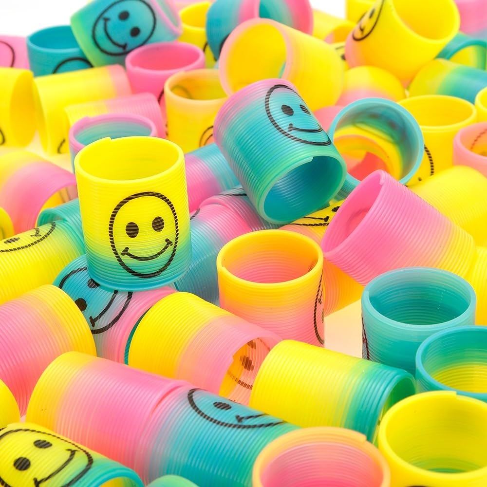 Dusky Shark Bucket of 72 Mini Rainbow Emoji Springs – Colorful Party Favors and Gifts for Kids