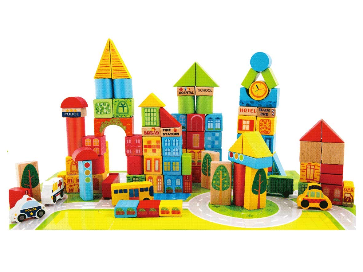 Dusky Shark 100-Piece City Transportation Wooden Building Blocks Set for Kids