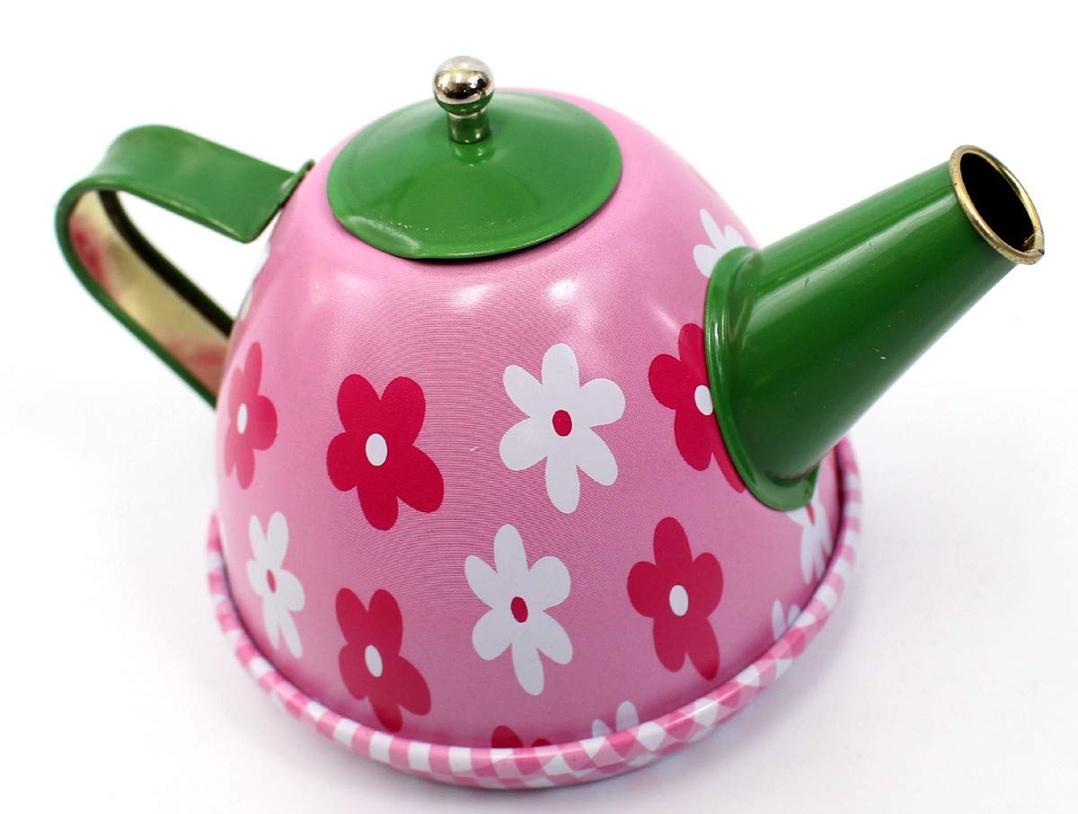 Flower Design Metal Teapot and Cups Kitchen Playset for Kids' Tea Party