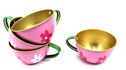 Flower Design Metal Teapot and Cups Kitchen Playset for Kids' Tea Party