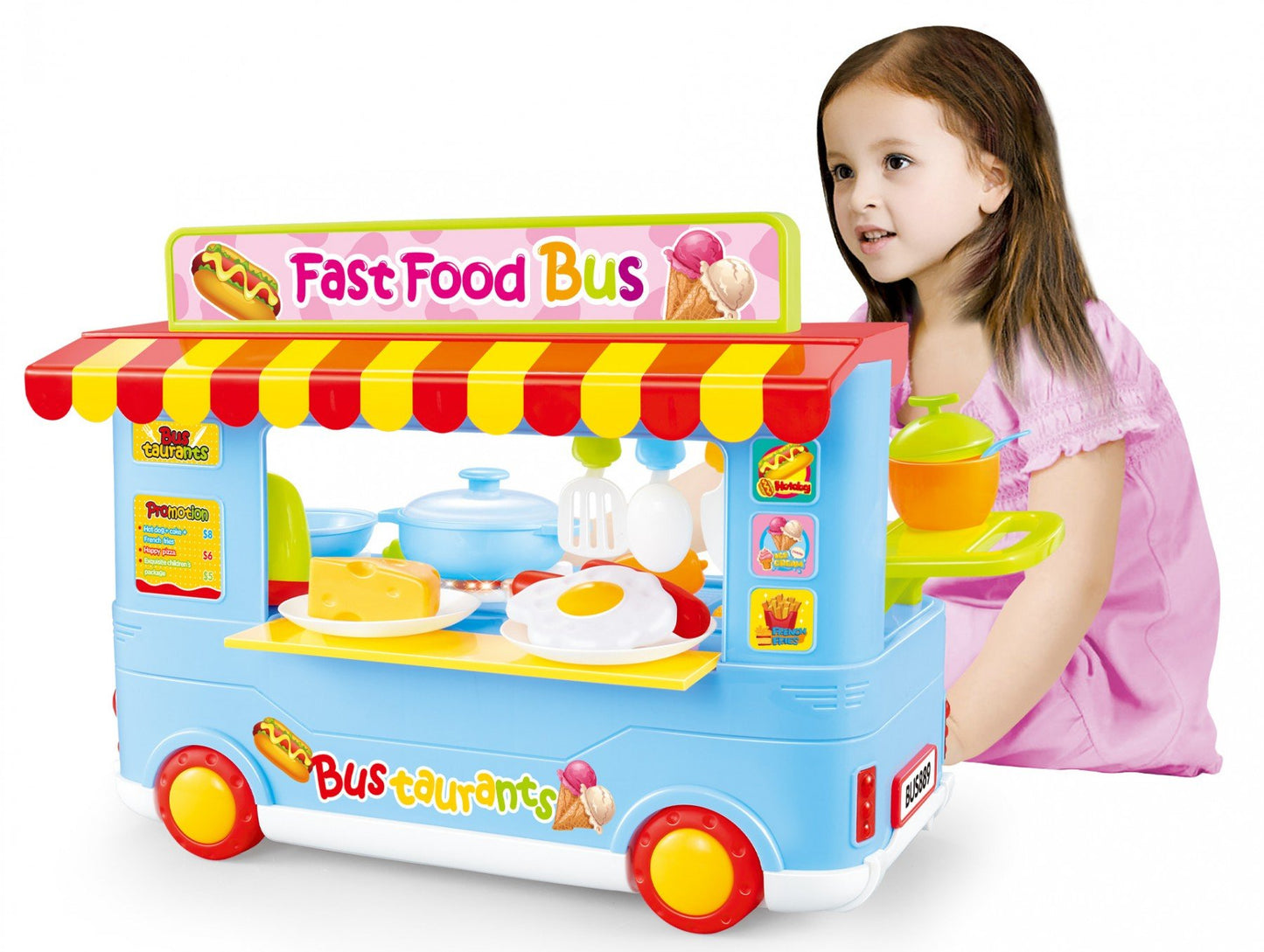 29-Piece Blue Fast Food Bus Kitchen Play Set Toy for Kids