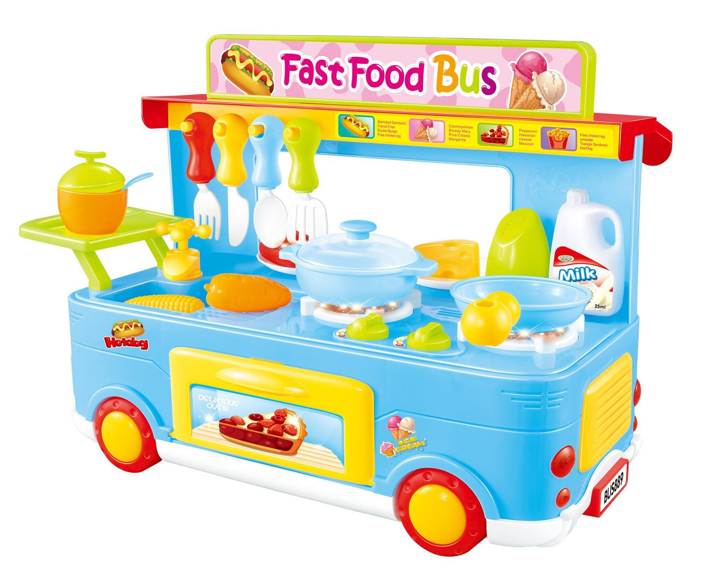 29-Piece Blue Fast Food Bus Kitchen Play Set Toy for Kids