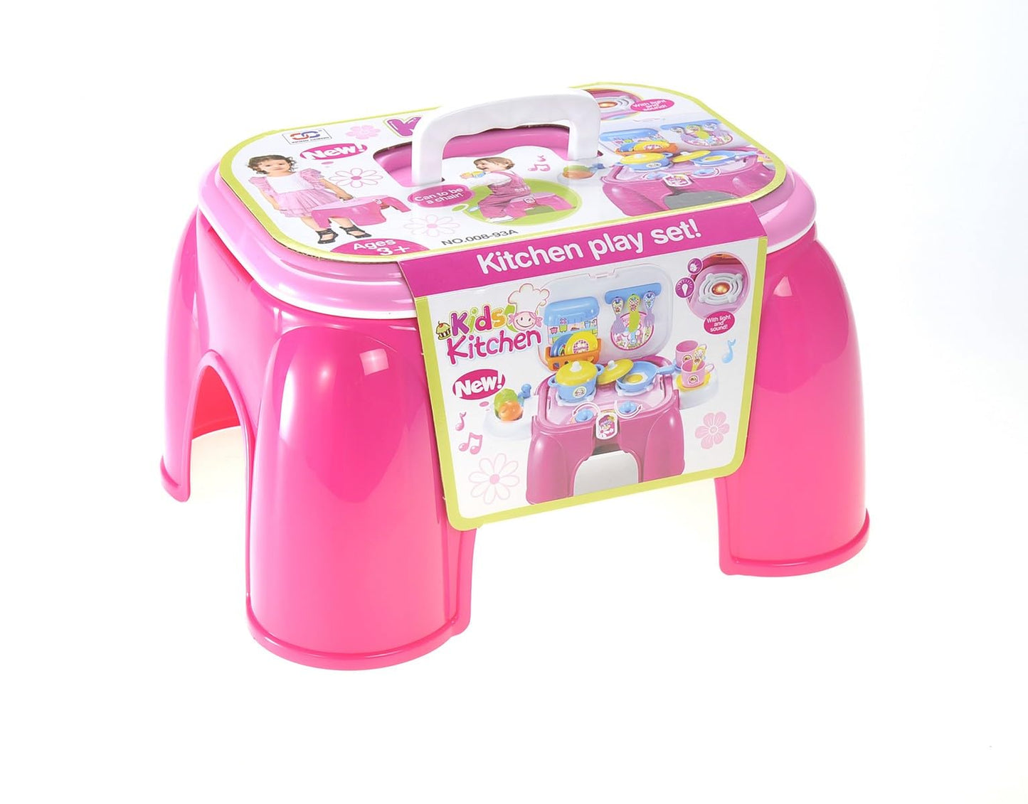 Portable Kids Kitchen Cooking Set Toy with Lights & Sounds - Folds into Stepstool