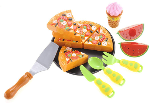 Pizza Playset with Watermelon, Ice Cream, and Utensils - Pretend Food Toy for Kids