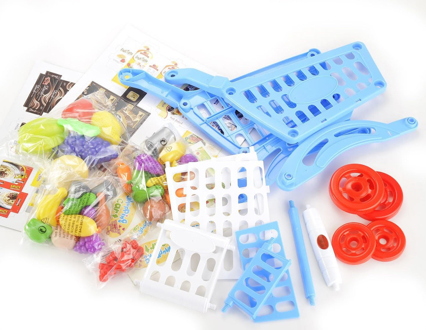 Blue Kids Shopping Cart Playset - Pretend Grocery Toy with Accessories