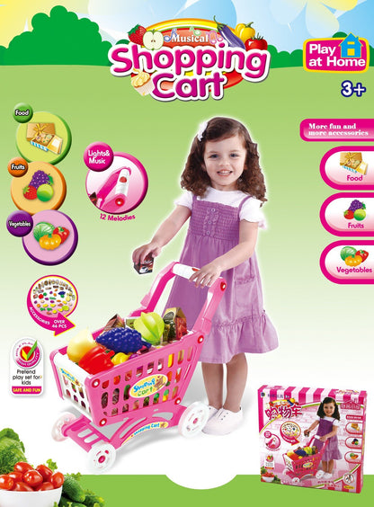 Pink Kids Shopping Cart Playset - Pretend Grocery Toy with Accessories