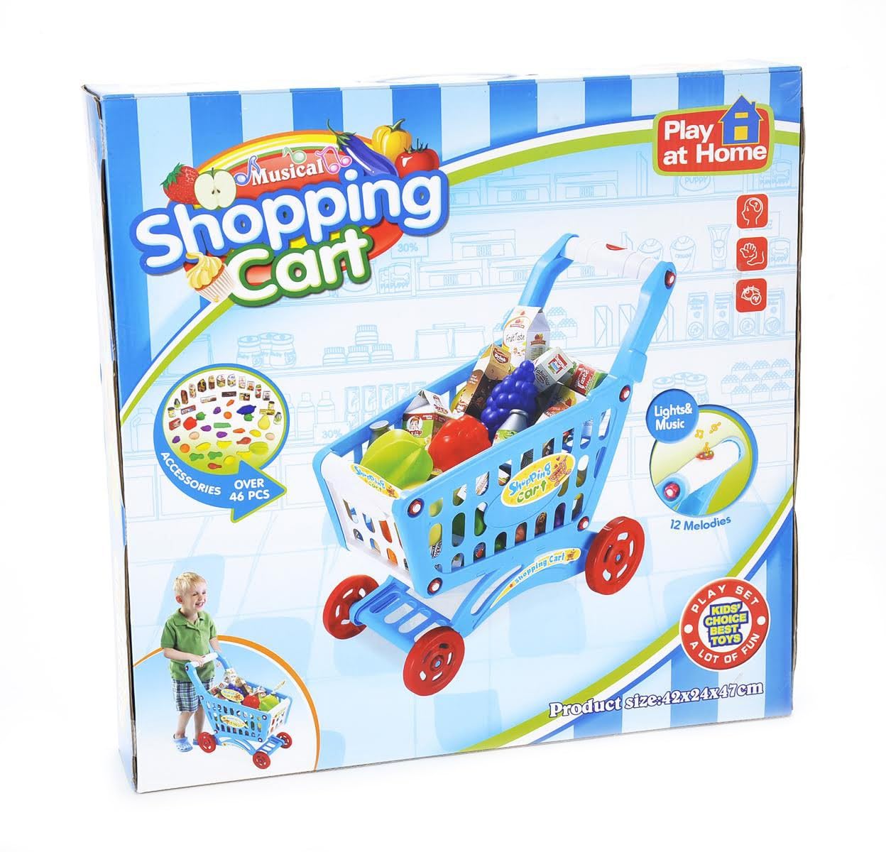 Blue Kids Shopping Cart Playset - Pretend Grocery Toy with Accessories