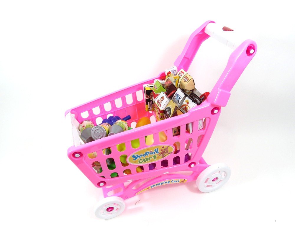 Pink Kids Shopping Cart Playset - Pretend Grocery Toy with Accessories