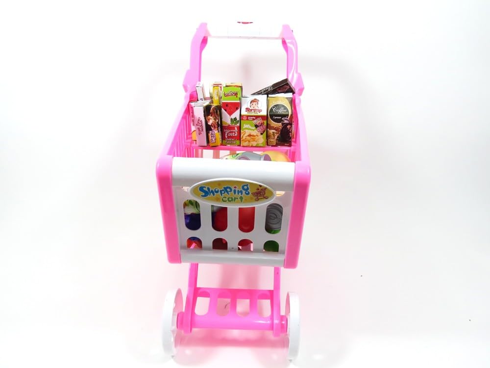 Pink Kids Shopping Cart Playset - Pretend Grocery Toy with Accessories