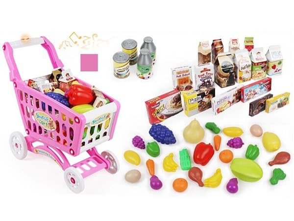 Pink Kids Shopping Cart Playset - Pretend Grocery Toy with Accessories