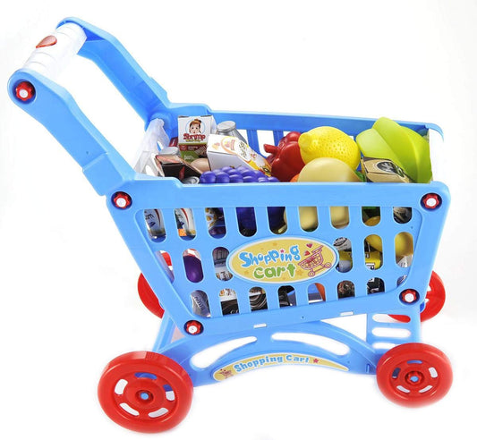 Blue Kids Shopping Cart Playset - Pretend Grocery Toy with Accessories