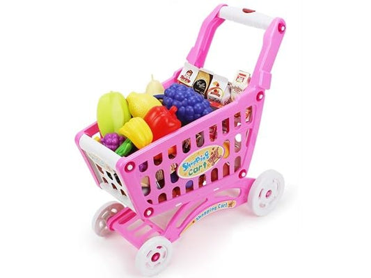 Pink Kids Shopping Cart Playset - Pretend Grocery Toy with Accessories