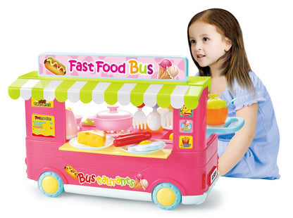 29-Piece Pink Fast Food Bus Kitchen Play Set Toy for Kids