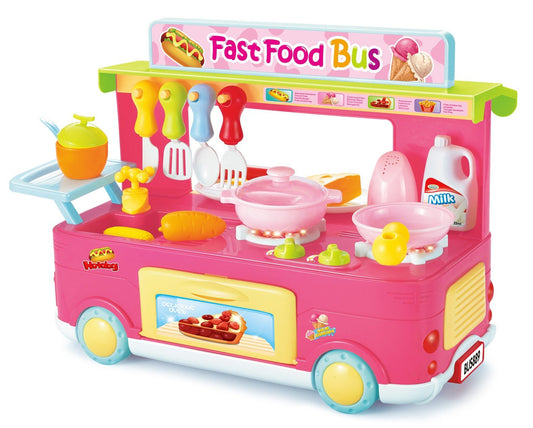 29-Piece Pink Fast Food Bus Kitchen Play Set Toy for Kids