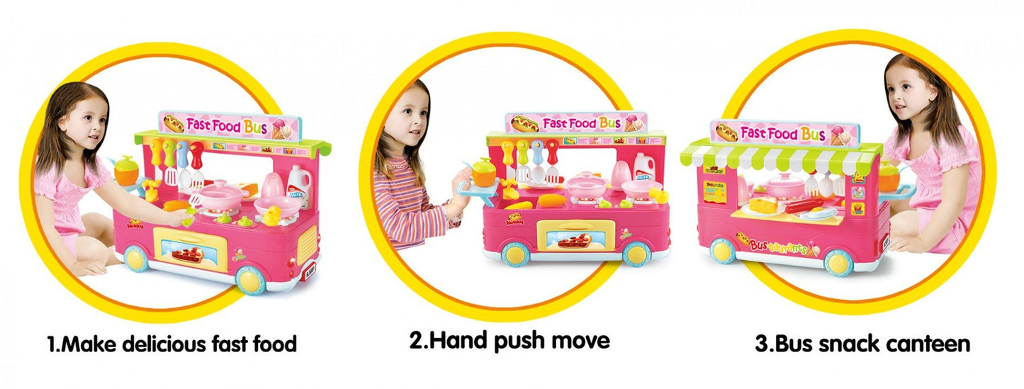 29-Piece Pink Fast Food Bus Kitchen Play Set Toy for Kids