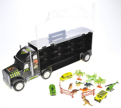 Dusky Shark 22in Dinosaur Car Carrier Truck Toy with Dinosaurs, Cars, and Helicopter