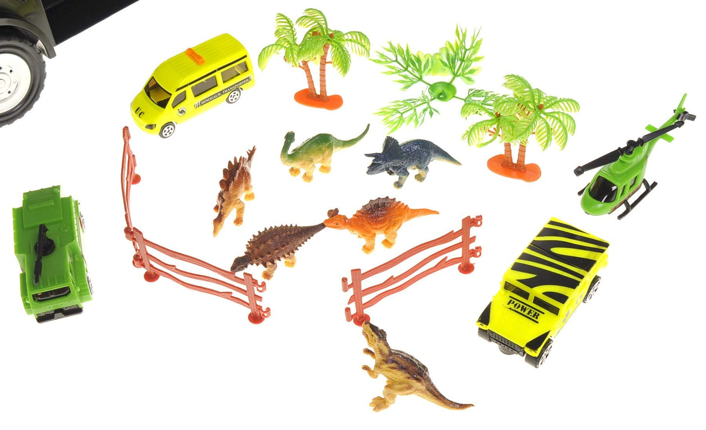 Dusky Shark 22in Dinosaur Car Carrier Truck Toy with Dinosaurs, Cars, and Helicopter