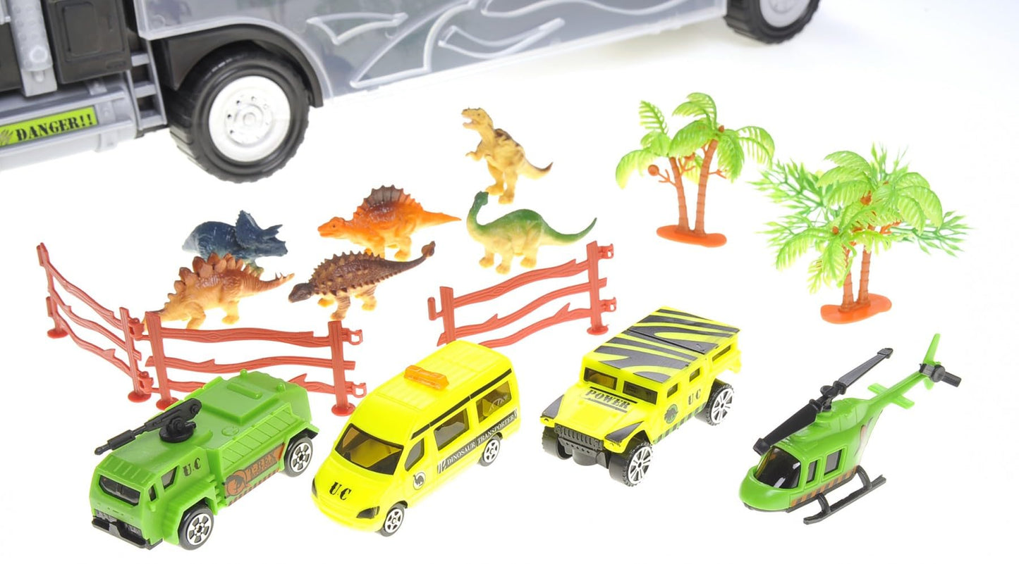 Dusky Shark 22in Dinosaur Car Carrier Truck Toy with Dinosaurs, Cars, and Helicopter