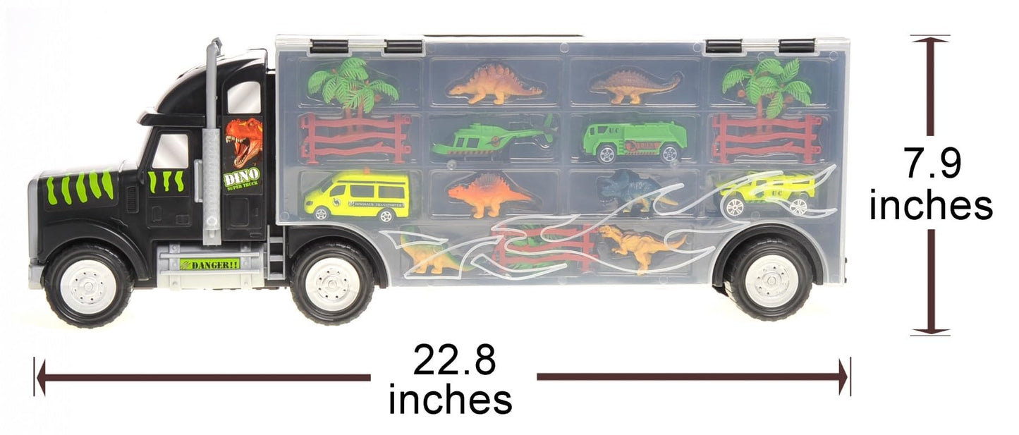 Dusky Shark 22in Dinosaur Car Carrier Truck Toy with Dinosaurs, Cars, and Helicopter