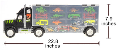 Dusky Shark 22in Dinosaur Car Carrier Truck Toy with Dinosaurs, Cars, and Helicopter