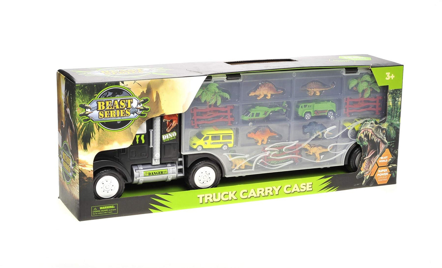 Dusky Shark 22in Dinosaur Car Carrier Truck Toy with Dinosaurs, Cars, and Helicopter