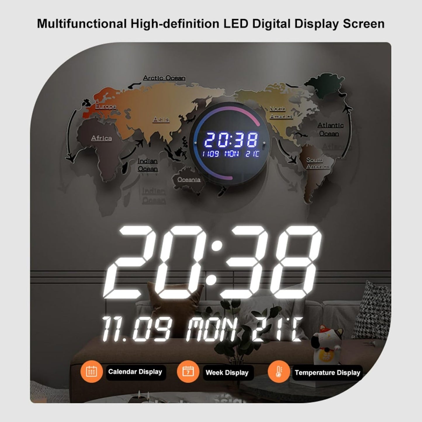Modern LED World Map Wall Clock | Digital Acrylic Display with USB Power & Auto-Dimming | Stylish Gift for Home or Office