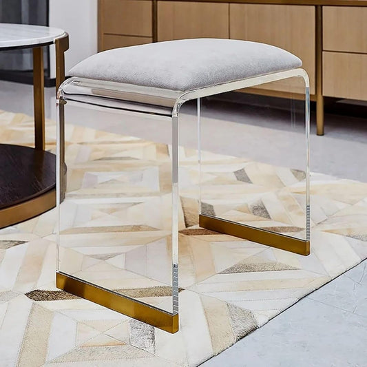 Gray Velvet Vanity Stool – Modern Acrylic Makeup Chair with Gold Accents
