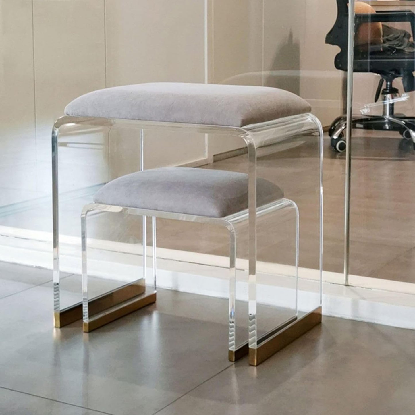 Gray Velvet Vanity Stool – Modern Acrylic Makeup Chair with Gold Accents