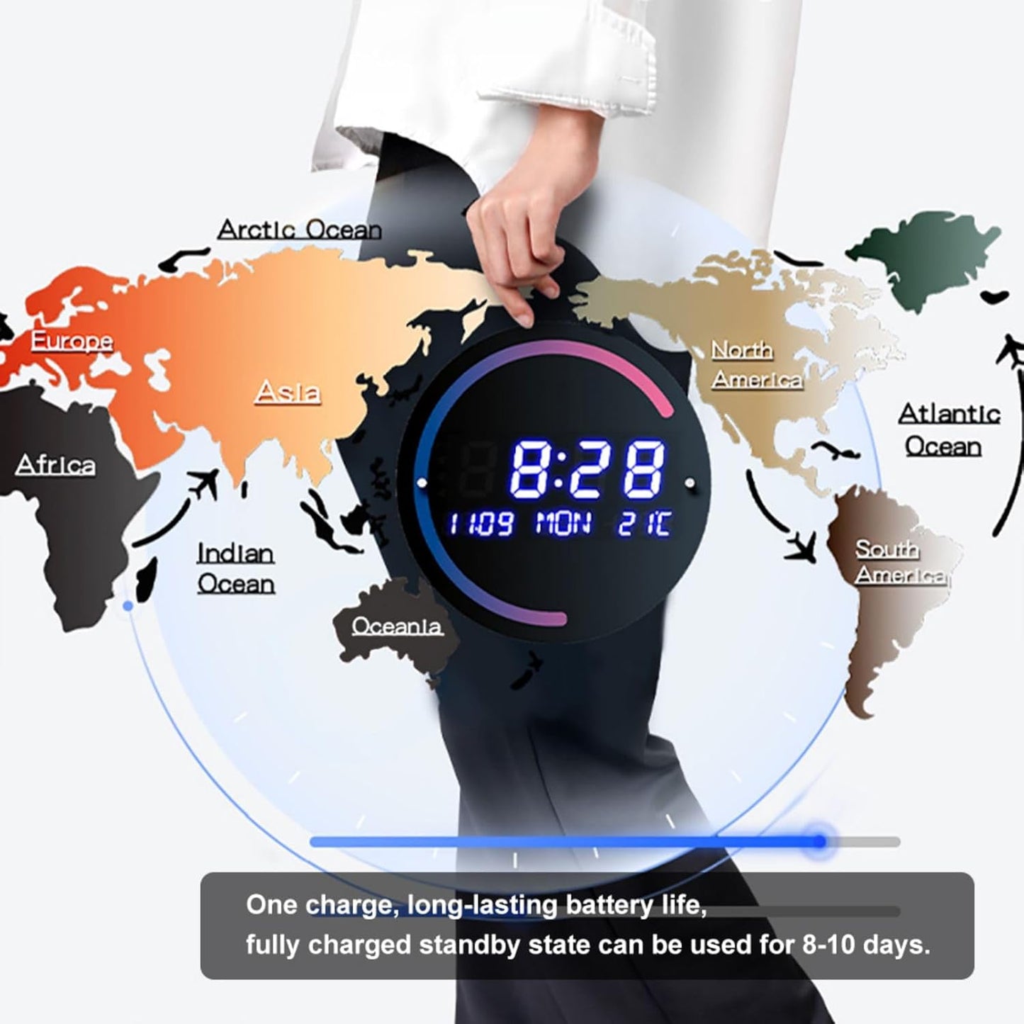Modern LED World Map Wall Clock | Digital Acrylic Display with USB Power & Auto-Dimming | Stylish Gift for Home or Office