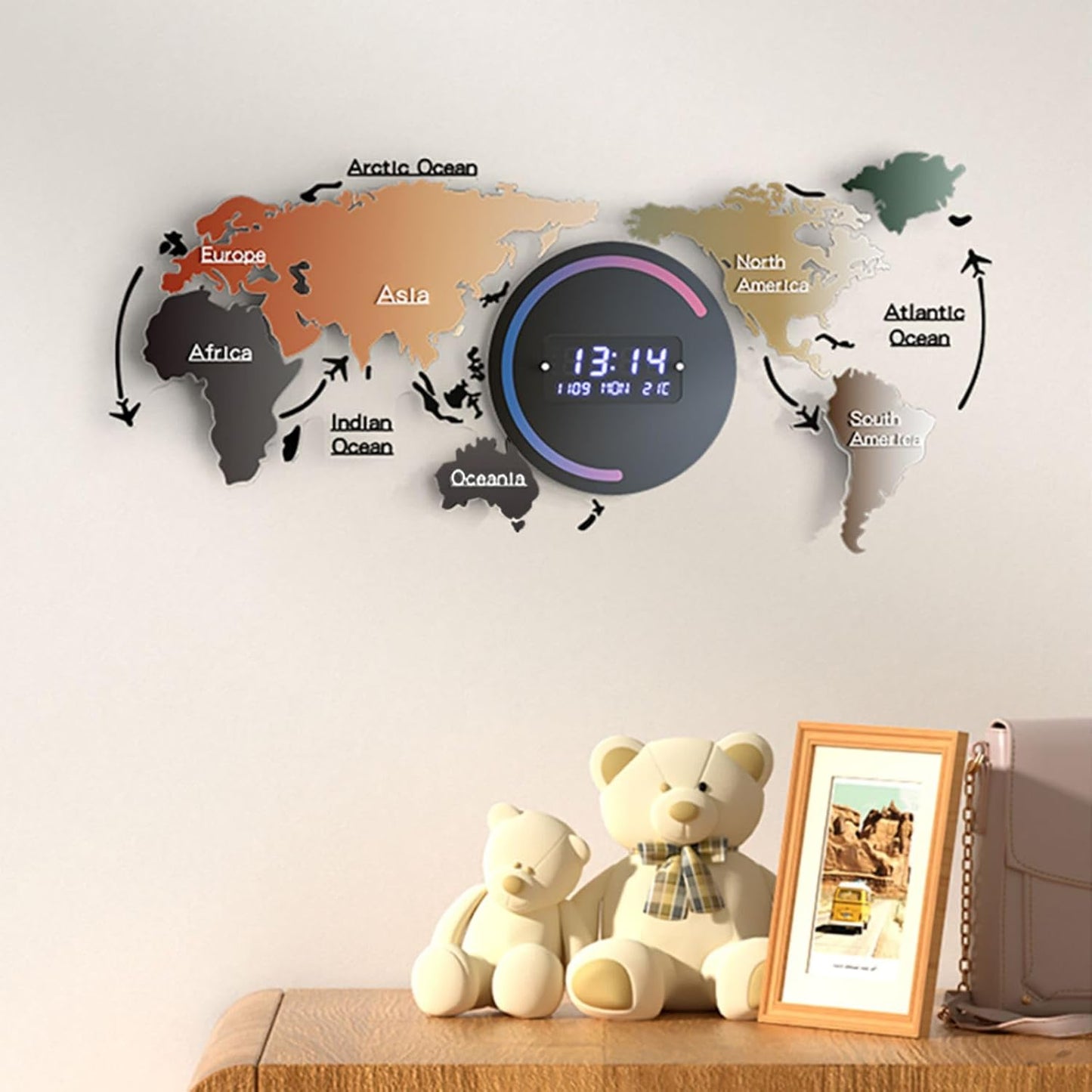 Modern LED World Map Wall Clock | Digital Acrylic Display with USB Power & Auto-Dimming | Stylish Gift for Home or Office
