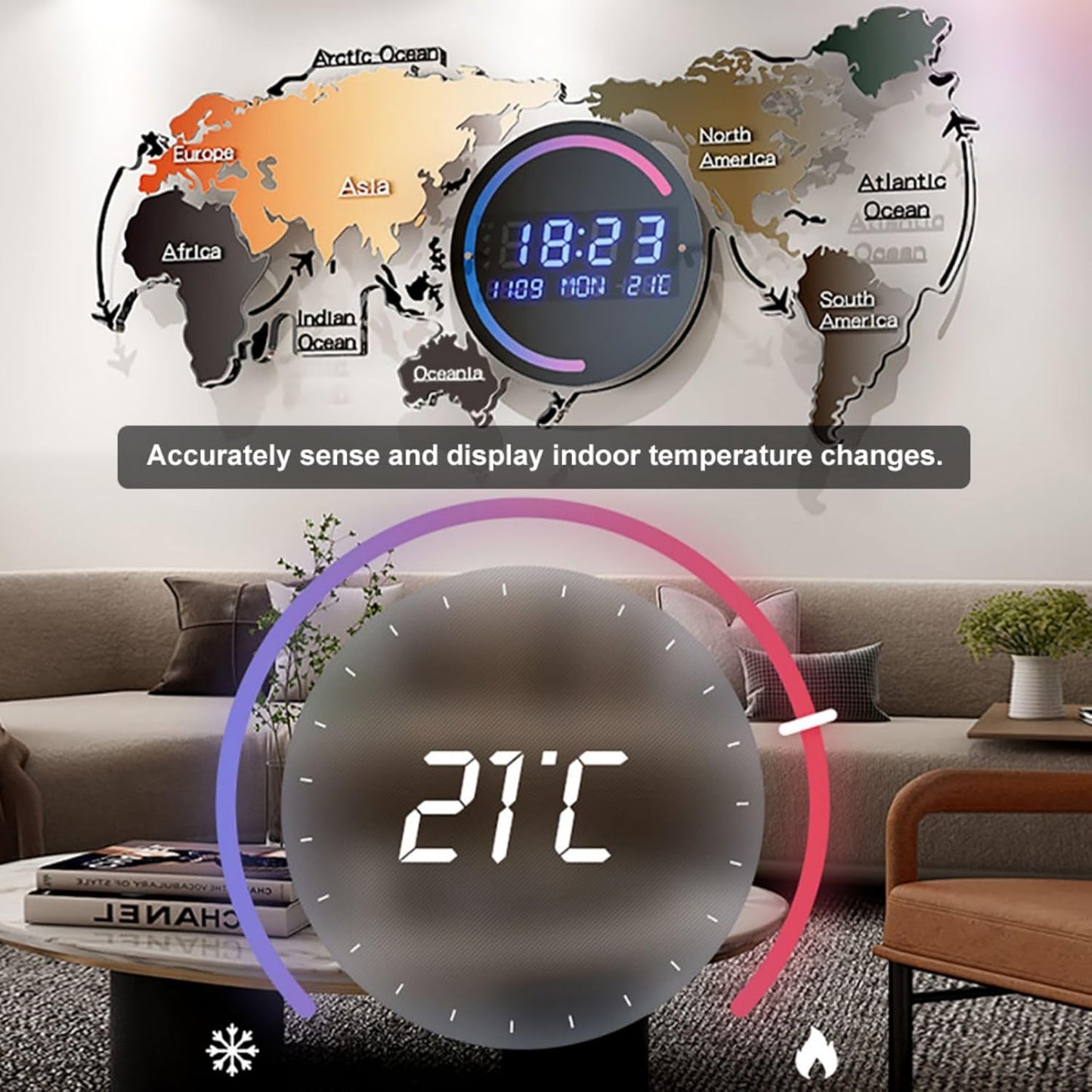Modern LED World Map Wall Clock | Digital Acrylic Display with USB Power & Auto-Dimming | Stylish Gift for Home or Office