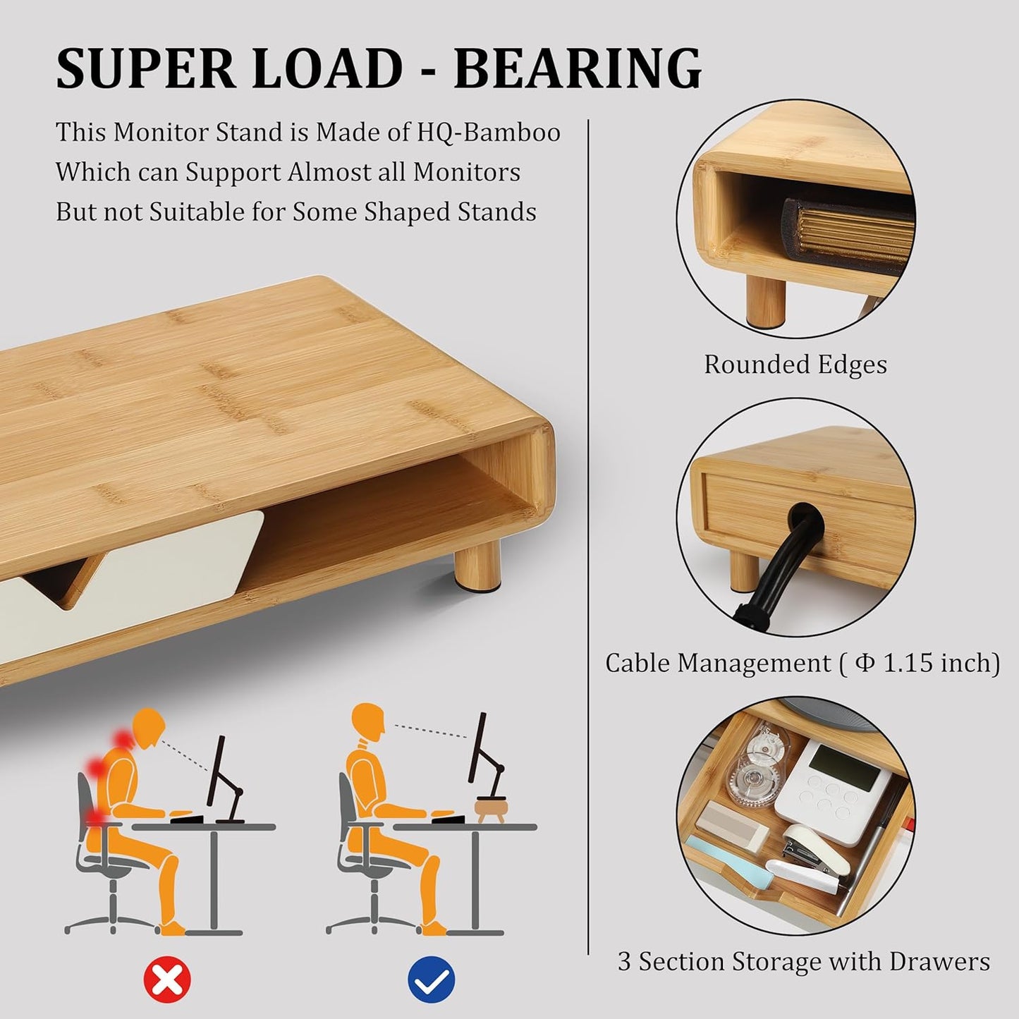 Bamboo Monitor Stand Riser, No Assembly Required Exquisite Monitor Stand with Drawer Ergonomic Height Wood Monitor Stand