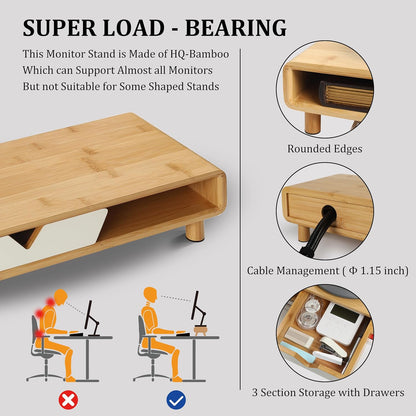 Bamboo Monitor Stand Riser, No Assembly Required Exquisite Monitor Stand with Drawer Ergonomic Height Wood Monitor Stand