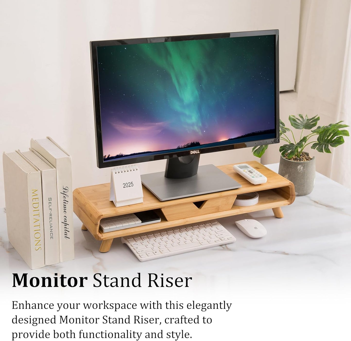 Bamboo Monitor Stand Riser, No Assembly Required Exquisite Monitor Stand with Drawer Ergonomic Height Wood Monitor Stand