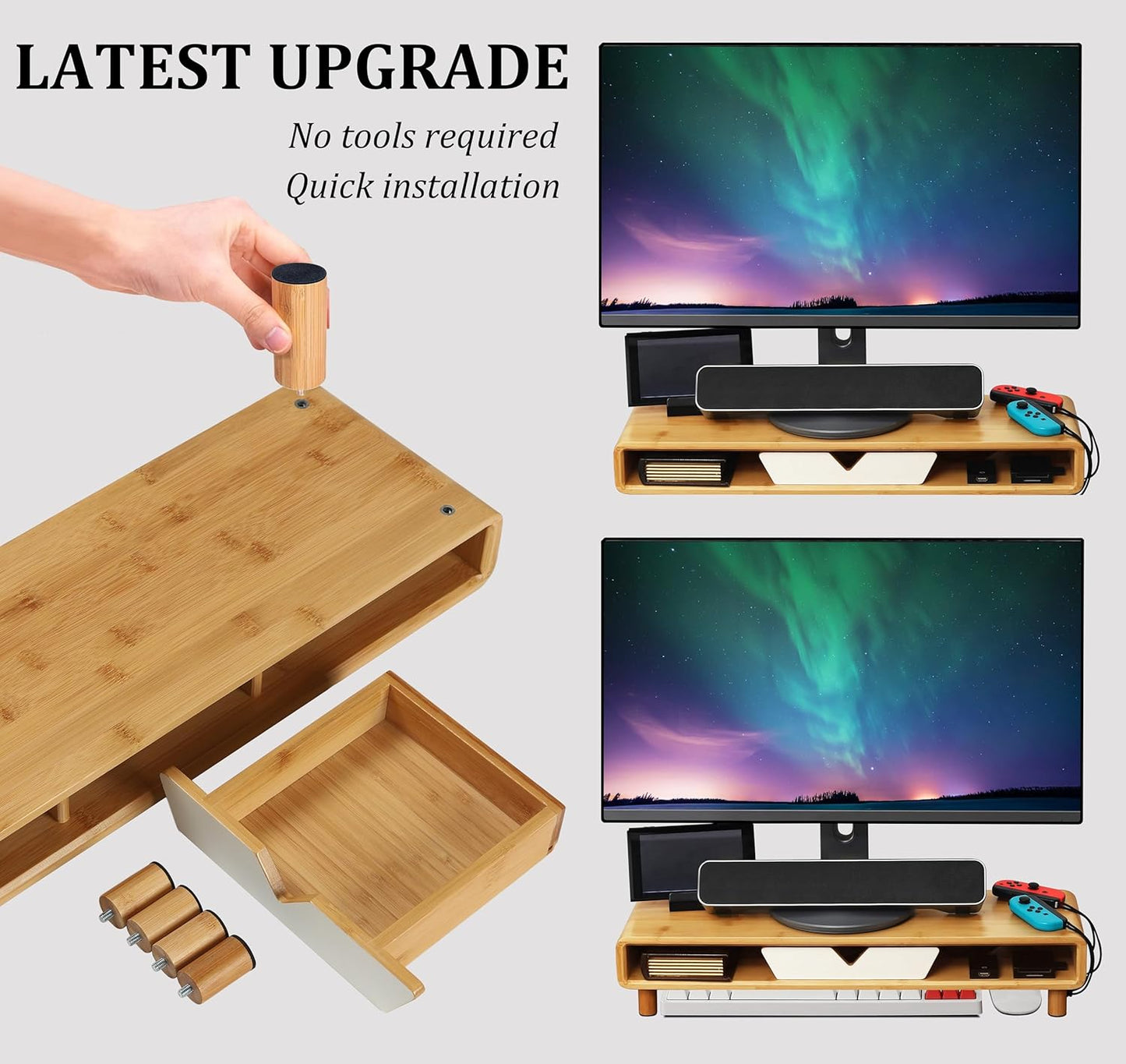 Bamboo Monitor Stand Riser, No Assembly Required Exquisite Monitor Stand with Drawer Ergonomic Height Wood Monitor Stand
