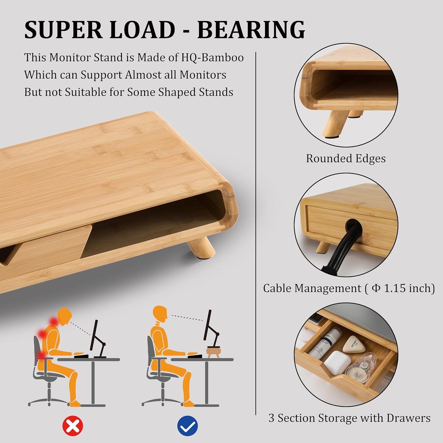 Bamboo Monitor Stand Riser, No Assembly Required Exquisite Monitor Stand with Drawer Ergonomic Height Wood Monitor Stand