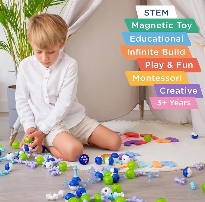 Magnetic Building Set for Kids, STEM Educational Toys for 3+ Year Old Boys and Girls, Space Planet Blocks - Astral Neon