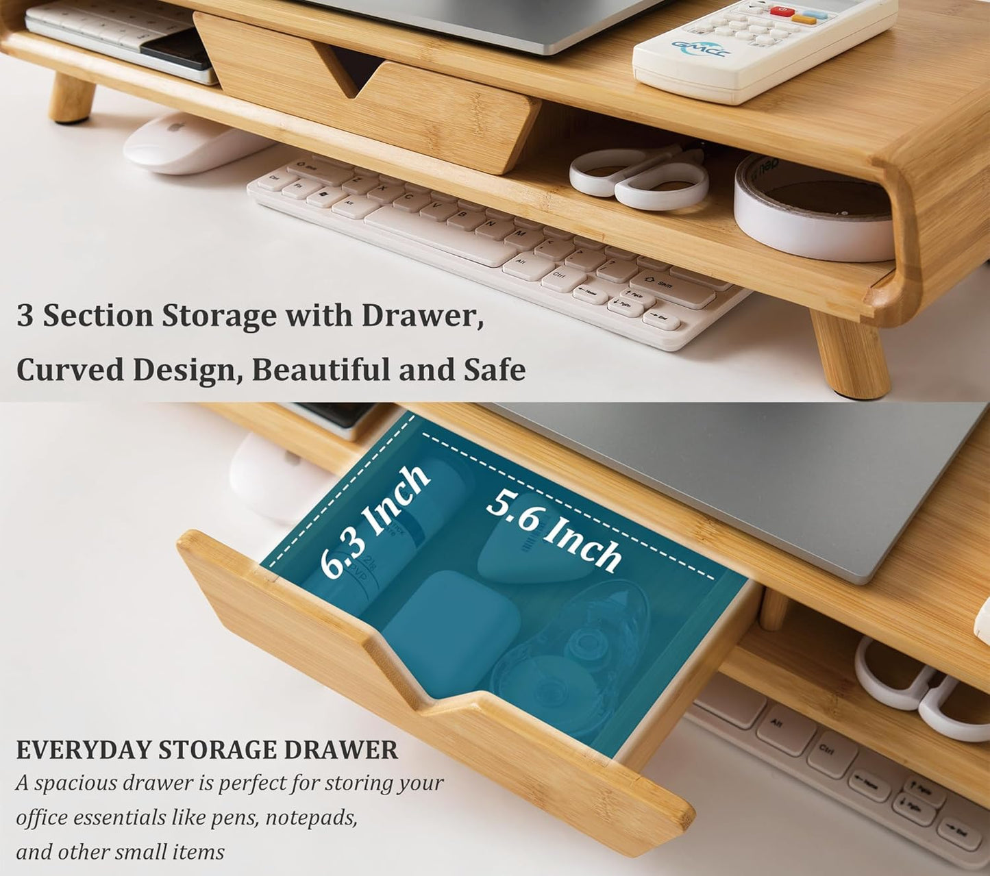 Bamboo Monitor Stand Riser, No Assembly Required Exquisite Monitor Stand with Drawer Ergonomic Height Wood Monitor Stand