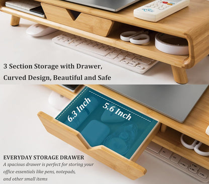Bamboo Monitor Stand Riser, No Assembly Required Exquisite Monitor Stand with Drawer Ergonomic Height Wood Monitor Stand