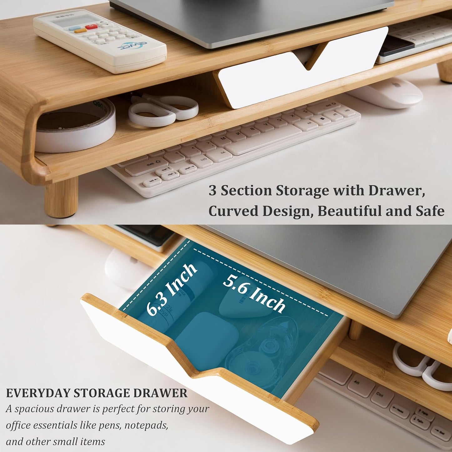 Bamboo Monitor Stand Riser, No Assembly Required Exquisite Monitor Stand with Drawer Ergonomic Height Wood Monitor Stand