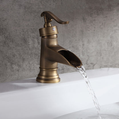 Antique Brass Waterfall Sink Faucet – Single Hole Solid Brass Bathroom Tap
