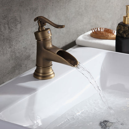 Antique Brass Waterfall Sink Faucet – Single Hole Solid Brass Bathroom Tap