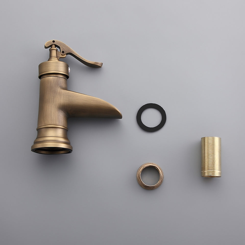Antique Brass Waterfall Sink Faucet – Single Hole Solid Brass Bathroom Tap
